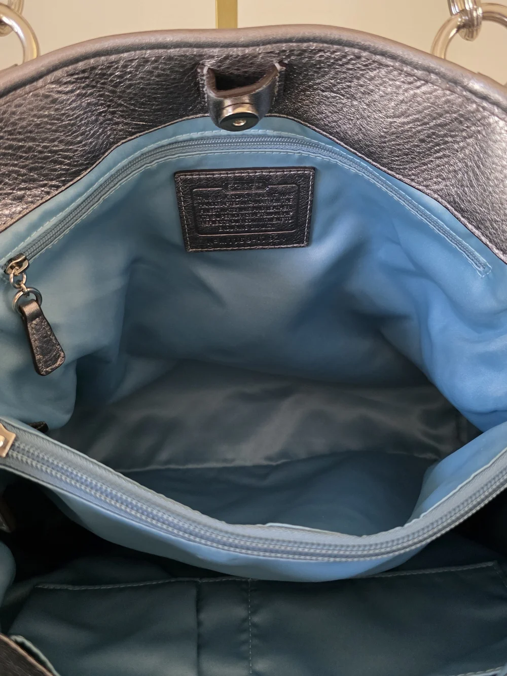 Coach Poppy Pushlock Metallic Leather Tote Y2K Silver Gray